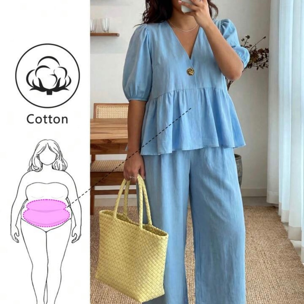 Light Blue Cotton Tiered V-Neck Jumpsuit